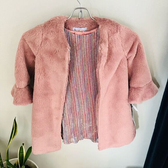 PIPPA & JULIE Kids' Faux‎ Fur Coat & Metallic Dress Set, Two Piece Mauve 4, NWT - Picture 4 of 12